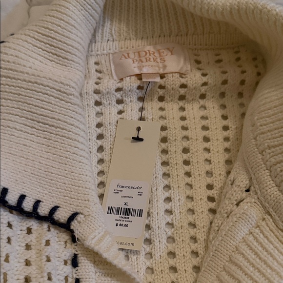 Francesca's Collections open-stitch Cream Sweater with Navy Accents - Picture 2 of 4